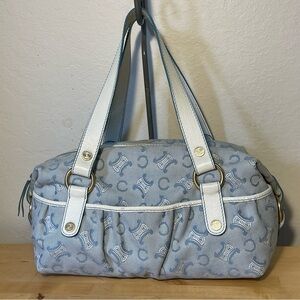 Vintage Celine Blue Macadam Canvas & Leather Shoulder Bag